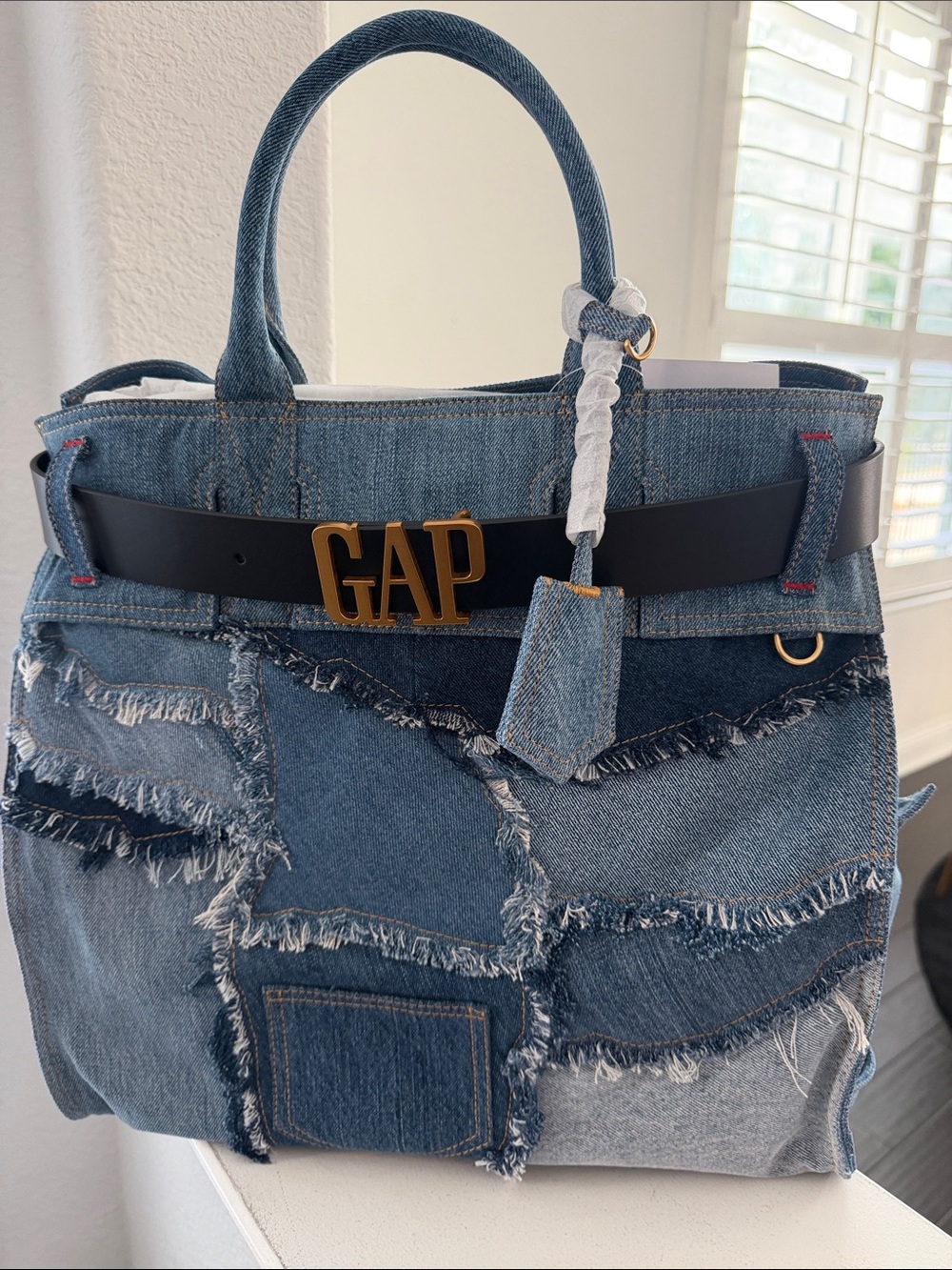 GAP Patchwork Denim Tote with Black Belt and Gold Logo